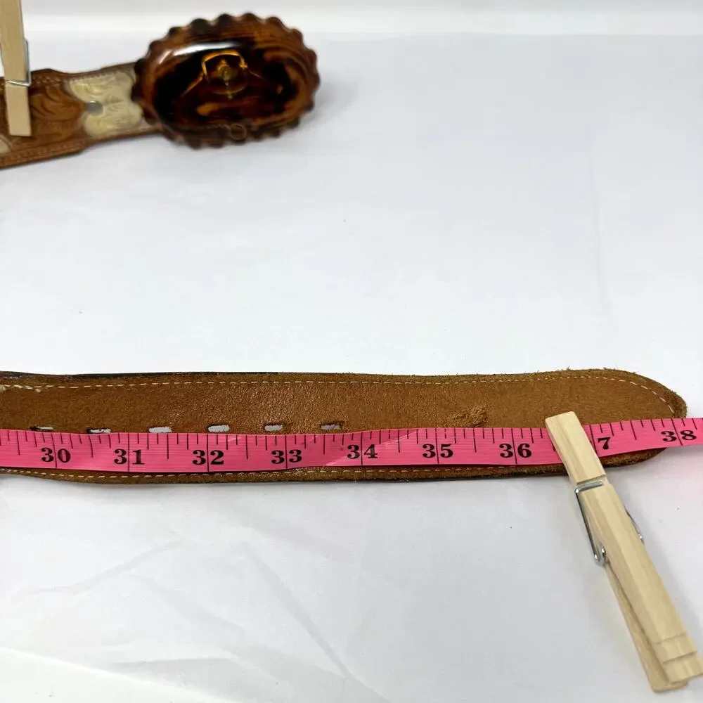 Vintage Justin Full Grain Leather Floral Belt w Resin Buckle Size 30